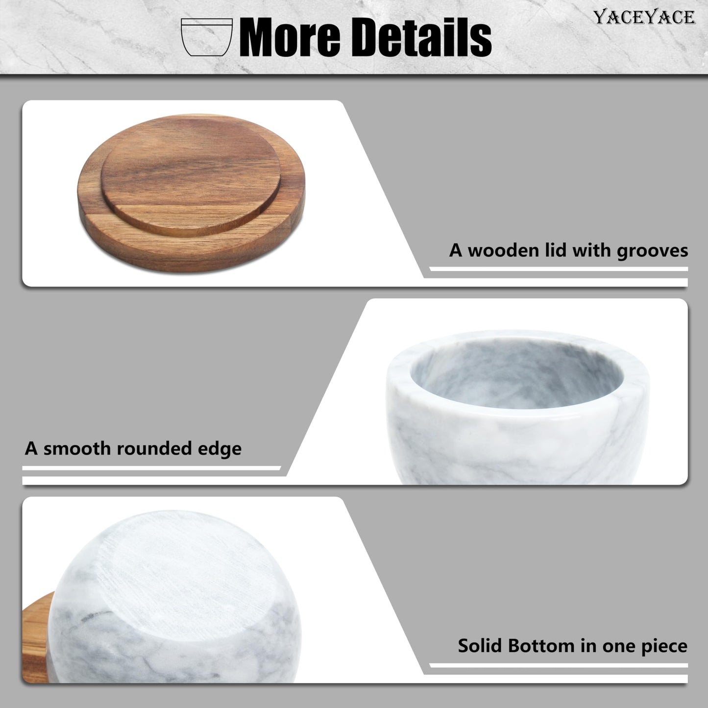 YACEYACE White Modern Marble Salt Bowl, 4oz Small Salt Cellar with Acacia Wood Lid, Elegant White Salt Spice Seasoning Bowl, Container Jar Holder