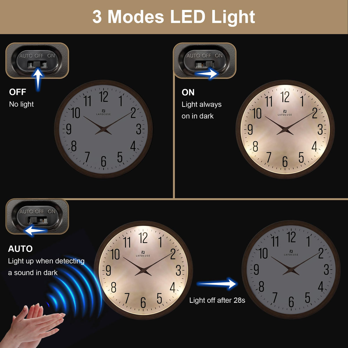 Lafocuse 12 Inch Brown Night Light Wall Clock Battery Operated, Silent Light up Wall Clocks Glow in the Dark for Bedroom Living Room Office