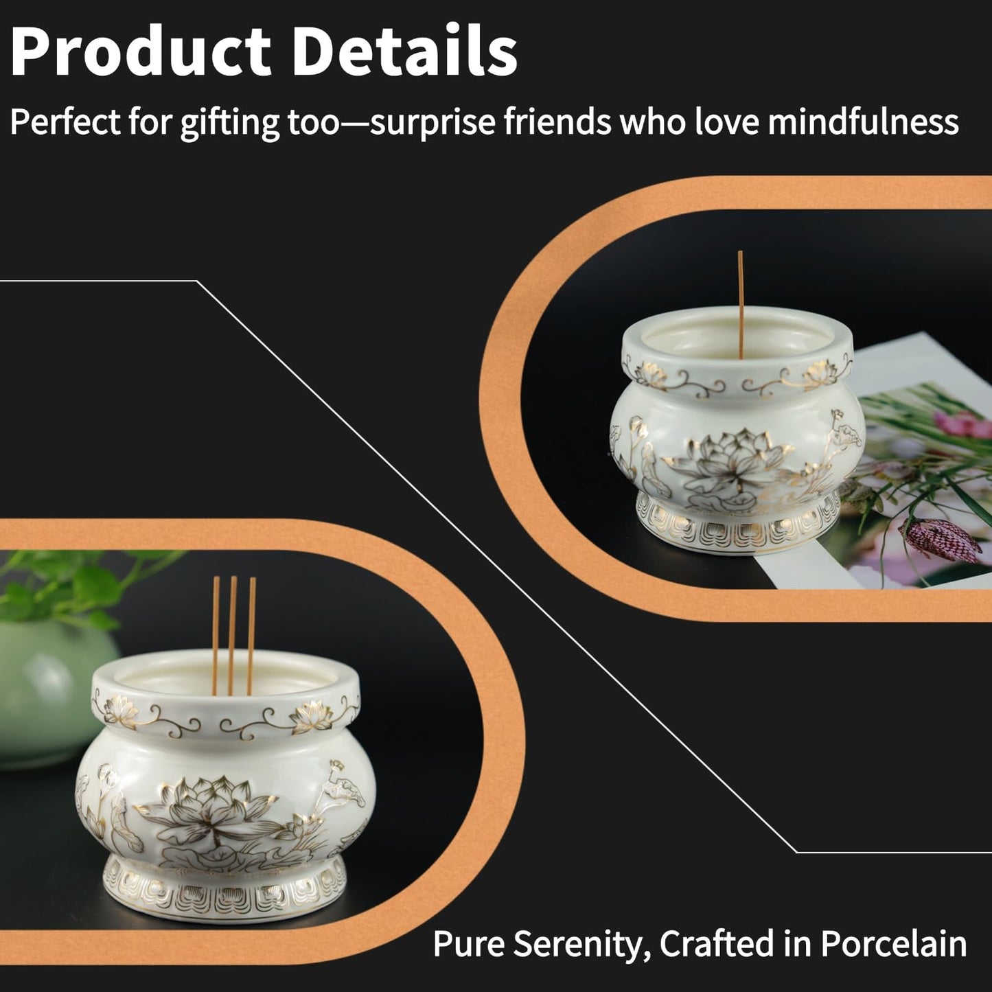 Gopupu Ceramic Incense Burner Pot, Small Incense Bowl with Sticks and Brass Stand, Decorative Lotus Incense Holder Censer for Meditation Praying Buddha 4 Inch