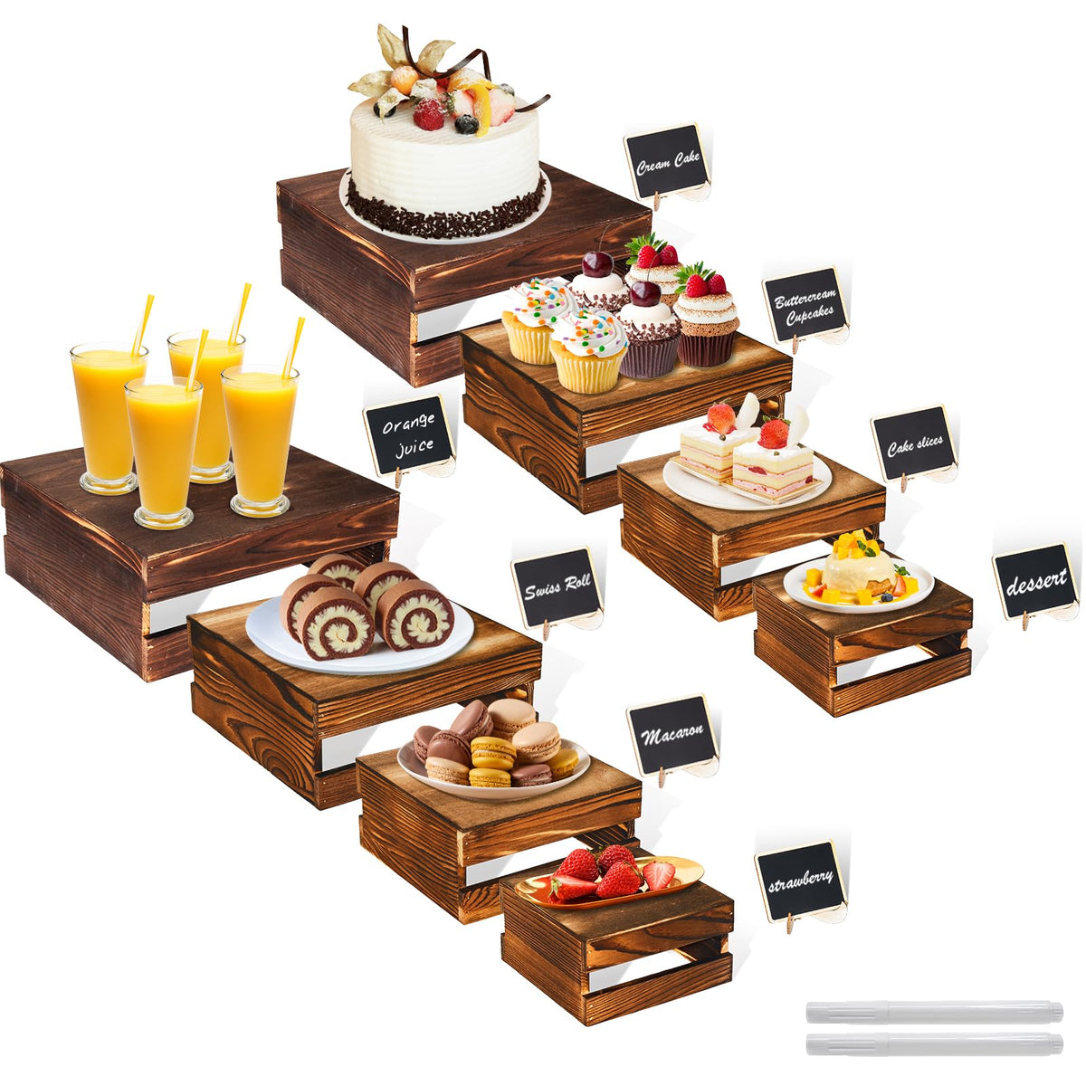 8 Pcs Buffet Risers with Mini Signs, Rustic Wood Cake Stands, Food Risers for Buffet Table, Dessert Display Stand, Wood Crates, Rustic Cake Stand for Party, Wedding, Birthday, Baby Shower, 4 Sizes