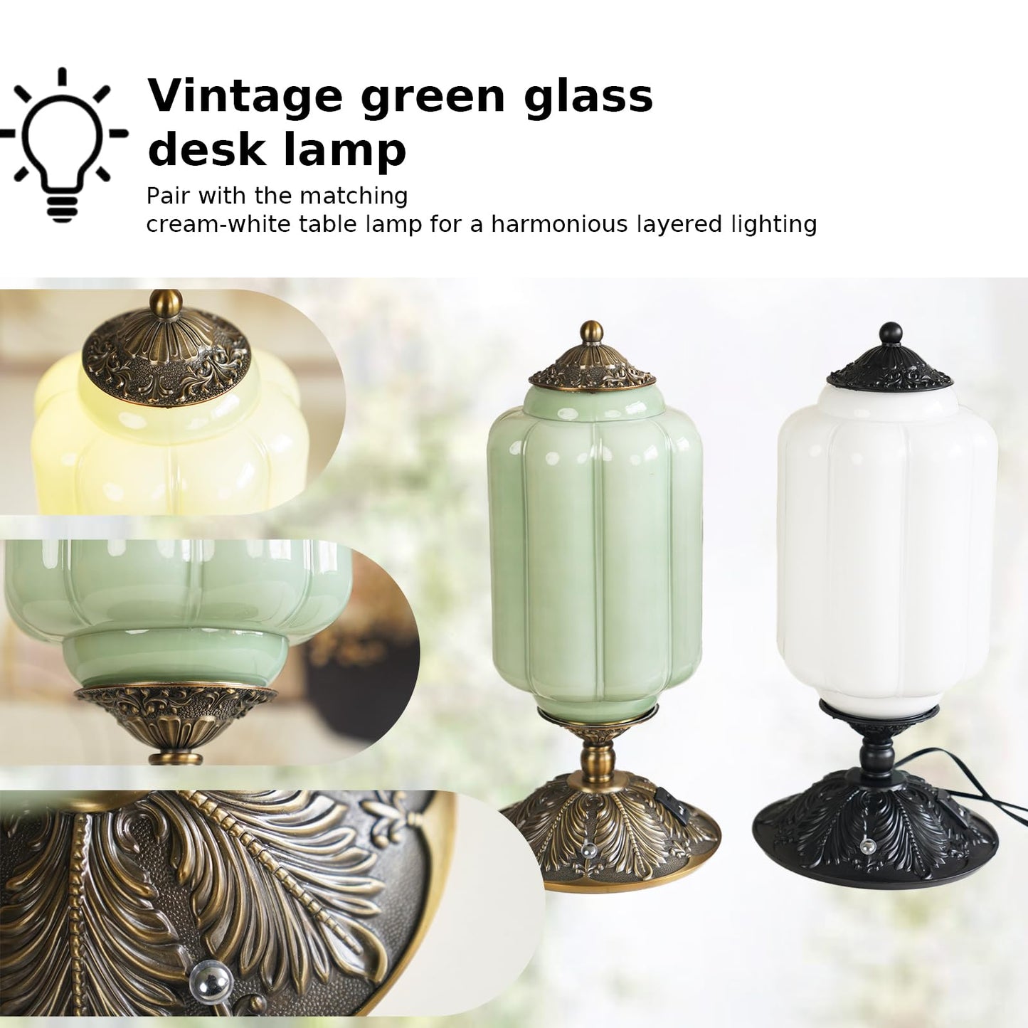 Milk Glass Touch Table Lamp, Elegant Green Jadeite Glass Bedside Desk Lamp 3 Way Dimmable with USB C+A Charging Ports - Bedroom Nightstand & Living Room Essential, 4W Bulb Included (Green, 6.5)