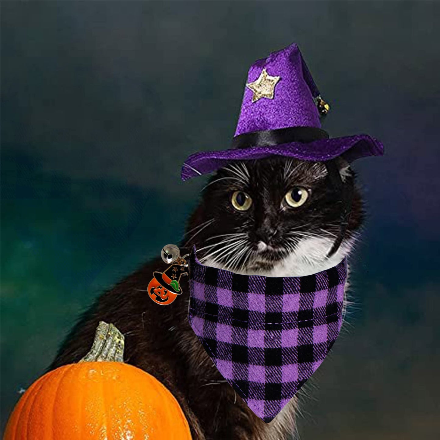STMK 2 Pack Halloween Cat Bandana Collar with Bell, Breakaway Halloween Cat Kitten Bandana Collar with Bell Pumpkin for Halloween Cats Kittens Costume Decorations, Orange and Purple