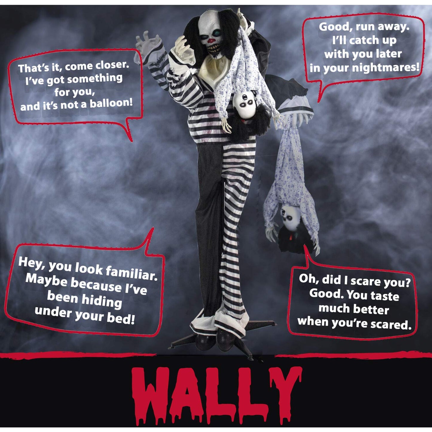Haunted Hill Farm Life-Size Animatronic Scary Talking Clown with Doll, Motion, Touch Activated Lights, and Sounds, Indoor or Covered Outdoor Halloween Decorations, Battery Operated Halloween Props