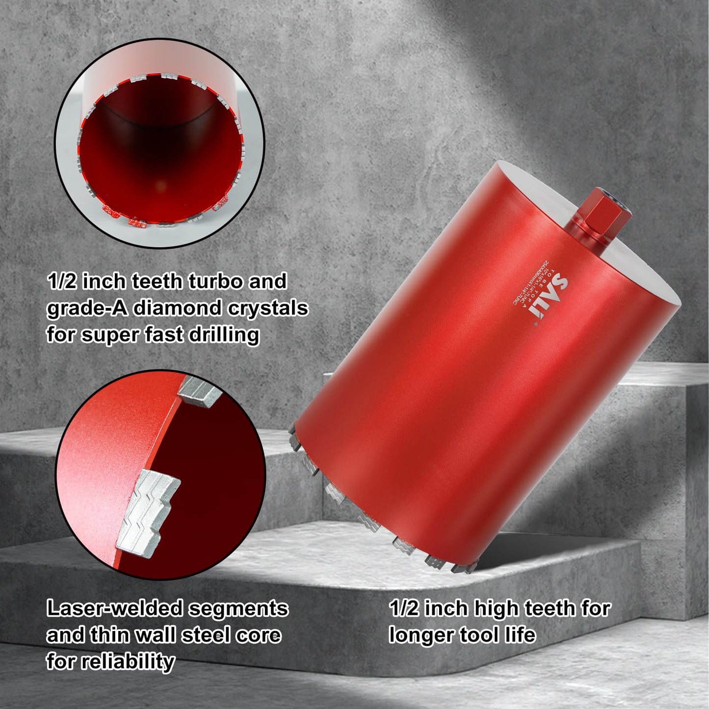 SALI Wet Diamond Core Drill Bits 6" (152mm) Diameter, 15" (380mm) Drilling Depth, Turbo Laser-Welded Segments(Wavy Teeth) with x1-1/4-7 Thread Core Bit for Rebar Concrete Brick Block Masonry Stone