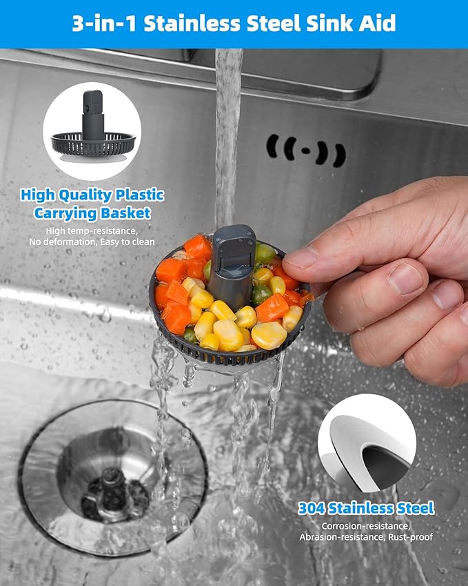 Hibbent 2 Pack 3 in 1 Kitchen Sink Drain Strainer and Stopper Combo, Stainless