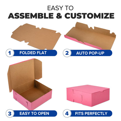 Fit Meal Prep [25 Pack] Pink Bakery Boxes 8x8x4 Pastry Box for Cupcakes, Desserts, Cookies, Candies Ideal Packaging for Bakeries and Home-made Baked Goods, Favors, and Gifts