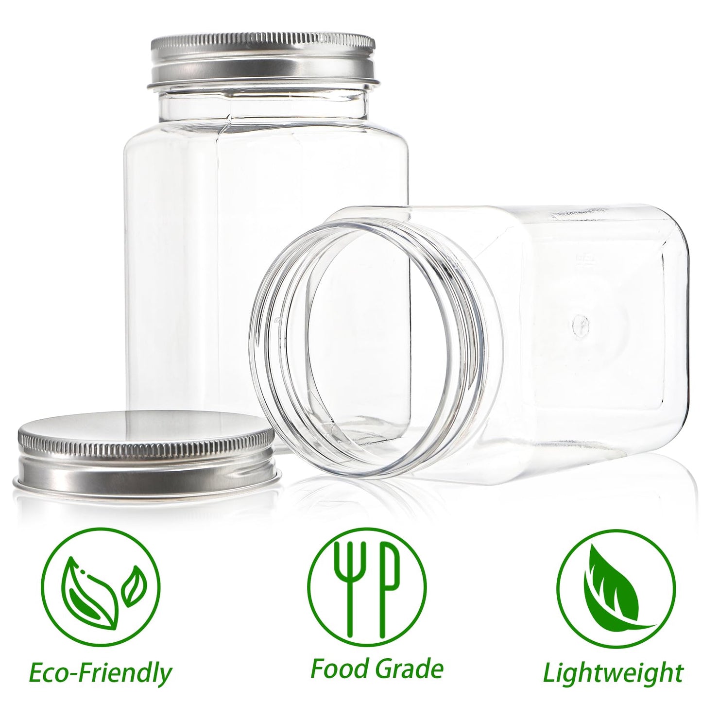 Bekith 16 Pack Clear Plastic Jars with Lids, 13oz Airtight Container for Food Storage, Refillable Square Empty Plastic Jars for Dry Food, Peanut Butter, Honey and Jam Storage