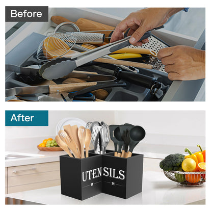 Suli Extra Large Kitchen Utensils Holder with 3 Compartments,Corner Utensil Caddy for Countertop,Wooden Utensil Organizer for Kitchen Countertop, Farmhouse Decor- Black