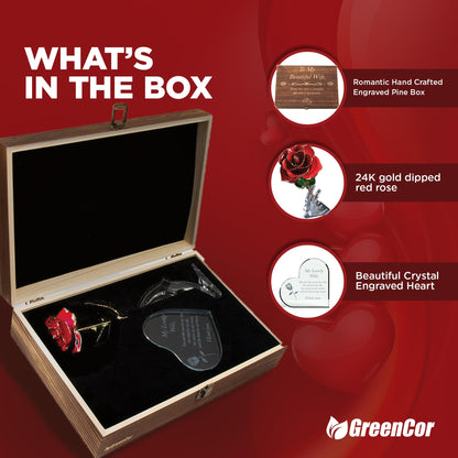 GreenCor Valentines Day for Wife Engraved Wooden Gift Set 'To My Beautiful Wife' Includes Crystal Engraved Heart 24K Gold Dipped Rose for Birthday Gifts