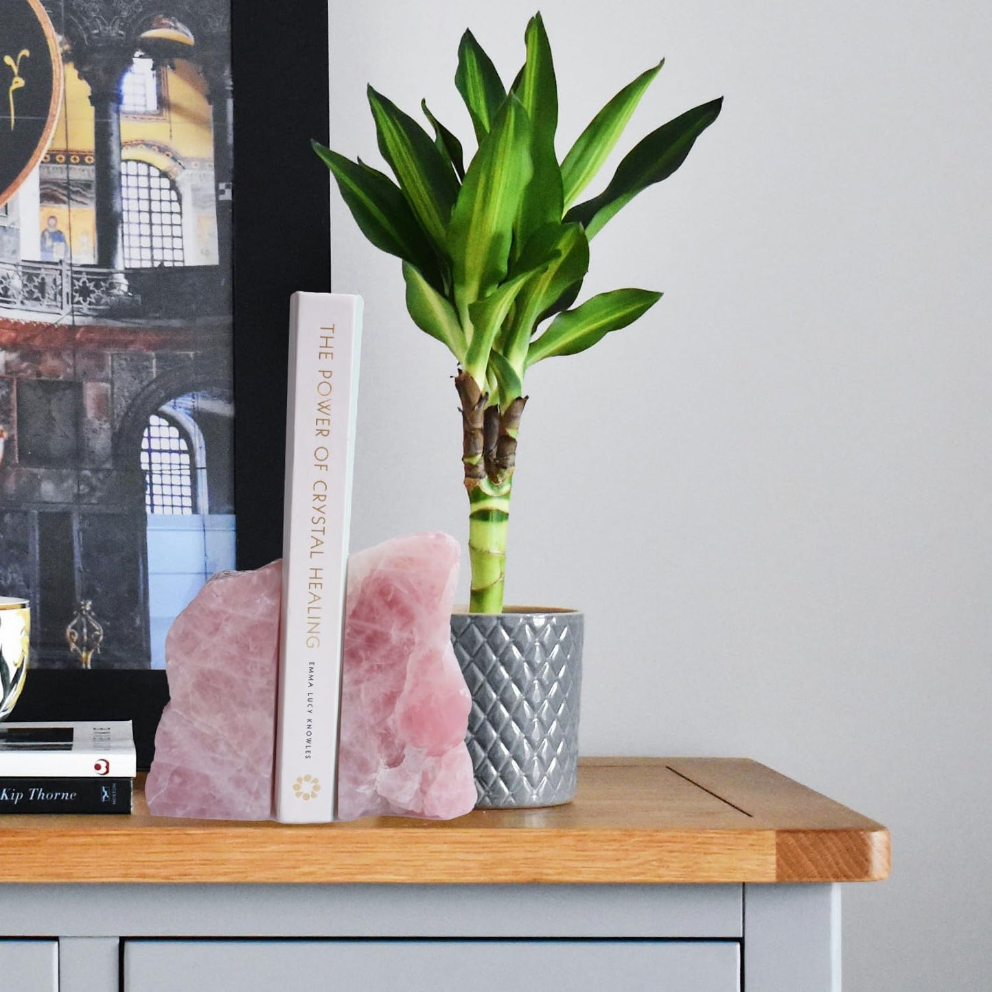 XMHOME Natural Rose Quartz Bookends with Rubber Feet 3-4Lbs Heavy Duty Non-Slip Pink Crystal Bookends | Raw & Polished Stone | Healing Office Decor Gift