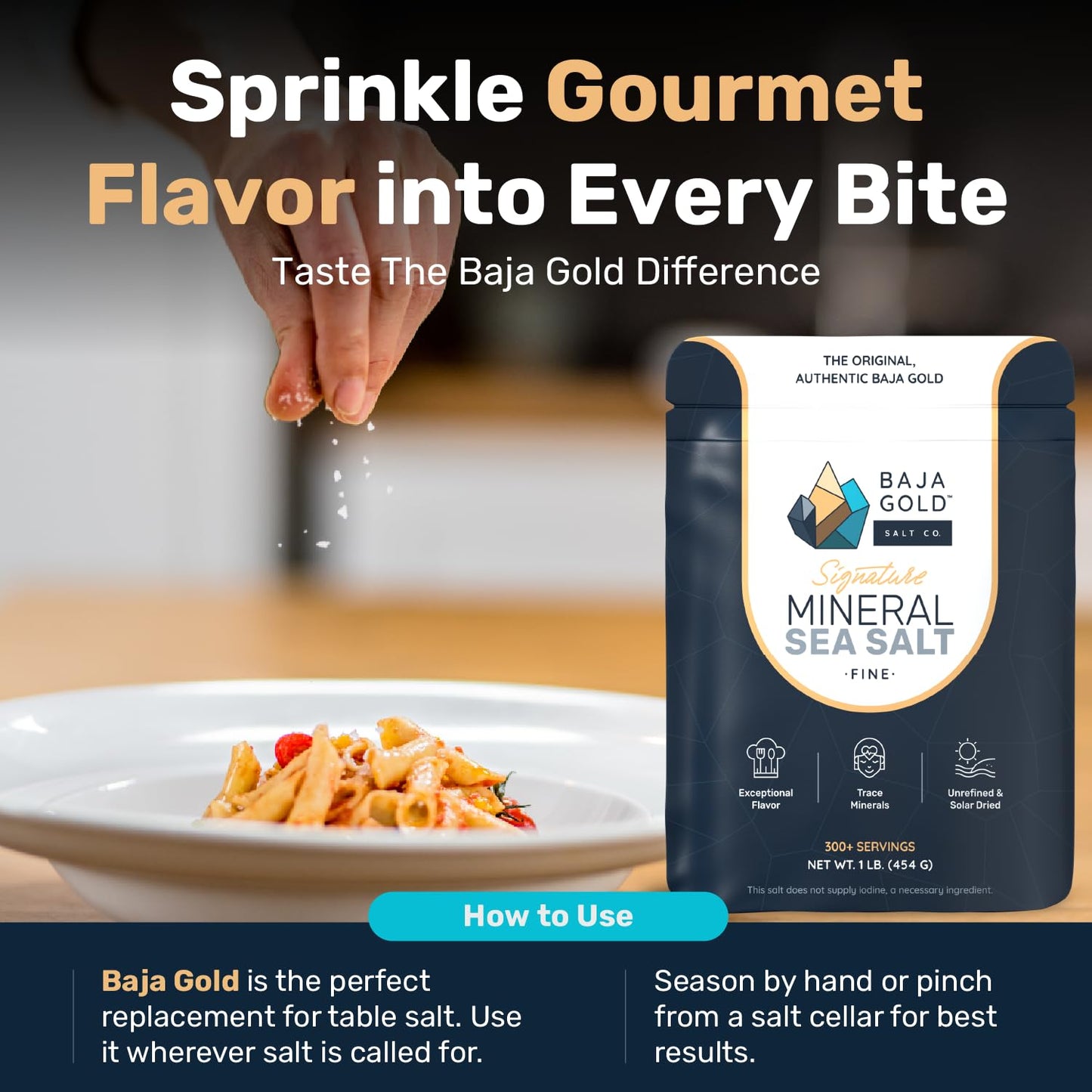 Baja Gold Signature Mineral Sea Salt - Recommended by Gary Brecka - Authentic Fine Grind Salt for Cooking & Baking | Natural Baja Salt for Culinary Uses | Great for Finishing Dishes | 1 lb. Resealable Bag, 300+ Servings