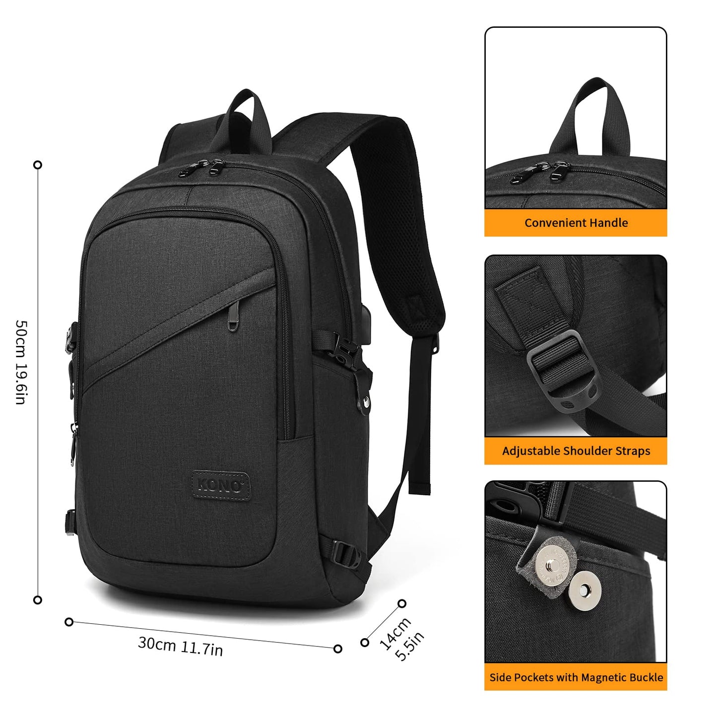 Kono Laptop Backpack, Anti Theft Rucksack for Men Women Travel Work 15.6 Inch Laptop Bag with USB Charging Port Lightweight School Bag for Girls Boys