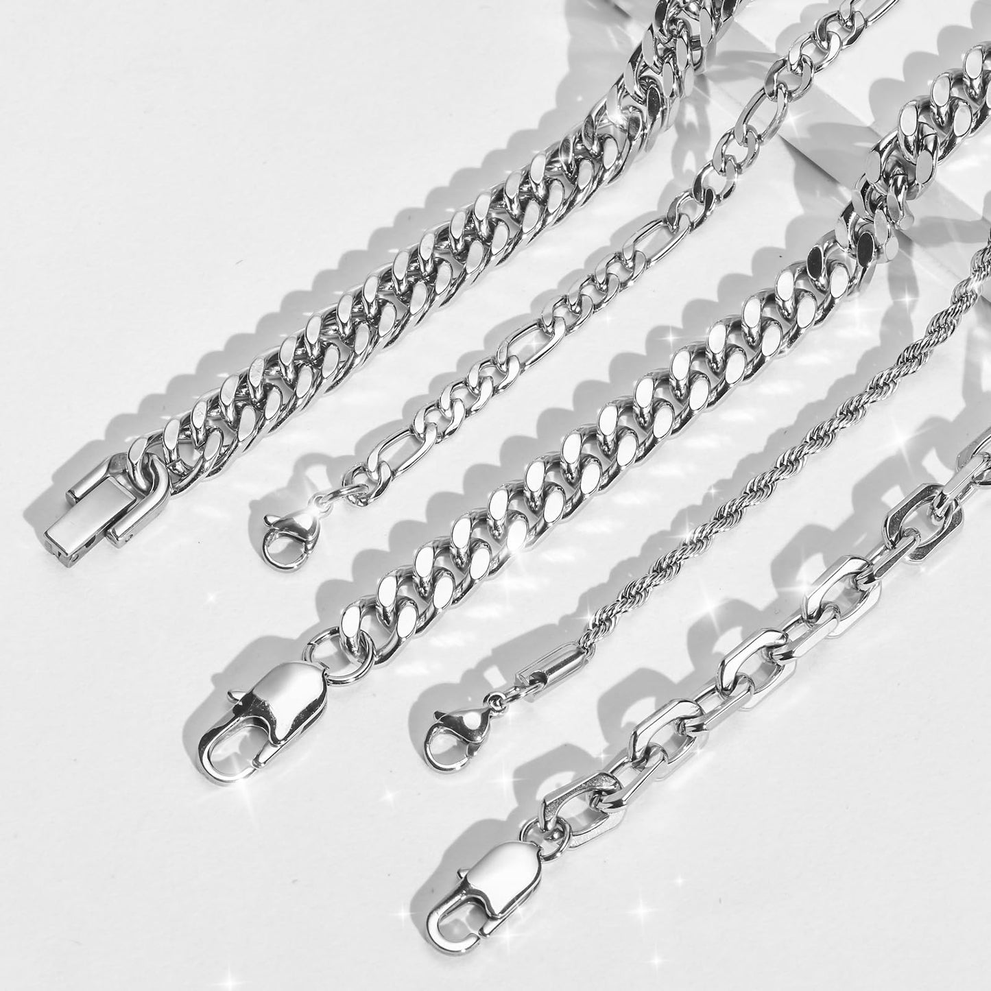 VNOX Silver Chain Bracelets for Men - 5 Pcs Solid Stainless Steel Rope/Figaro/Paperclip/Cuban Link Curb Chunky Chain Bracelet Set Wrist Band for Men Women,8.3 Inches