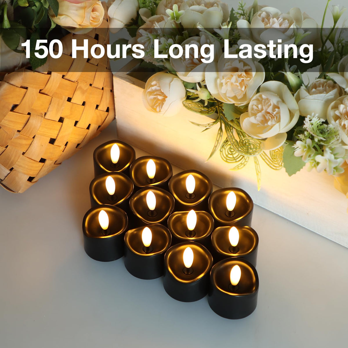 7LinRay 48 Pack Black Flameless Tealight Candles, Battery Operated Tea Lights Realistic Flickering LED Votive Candles for Wedding, Halloween, Party, Home Decor
