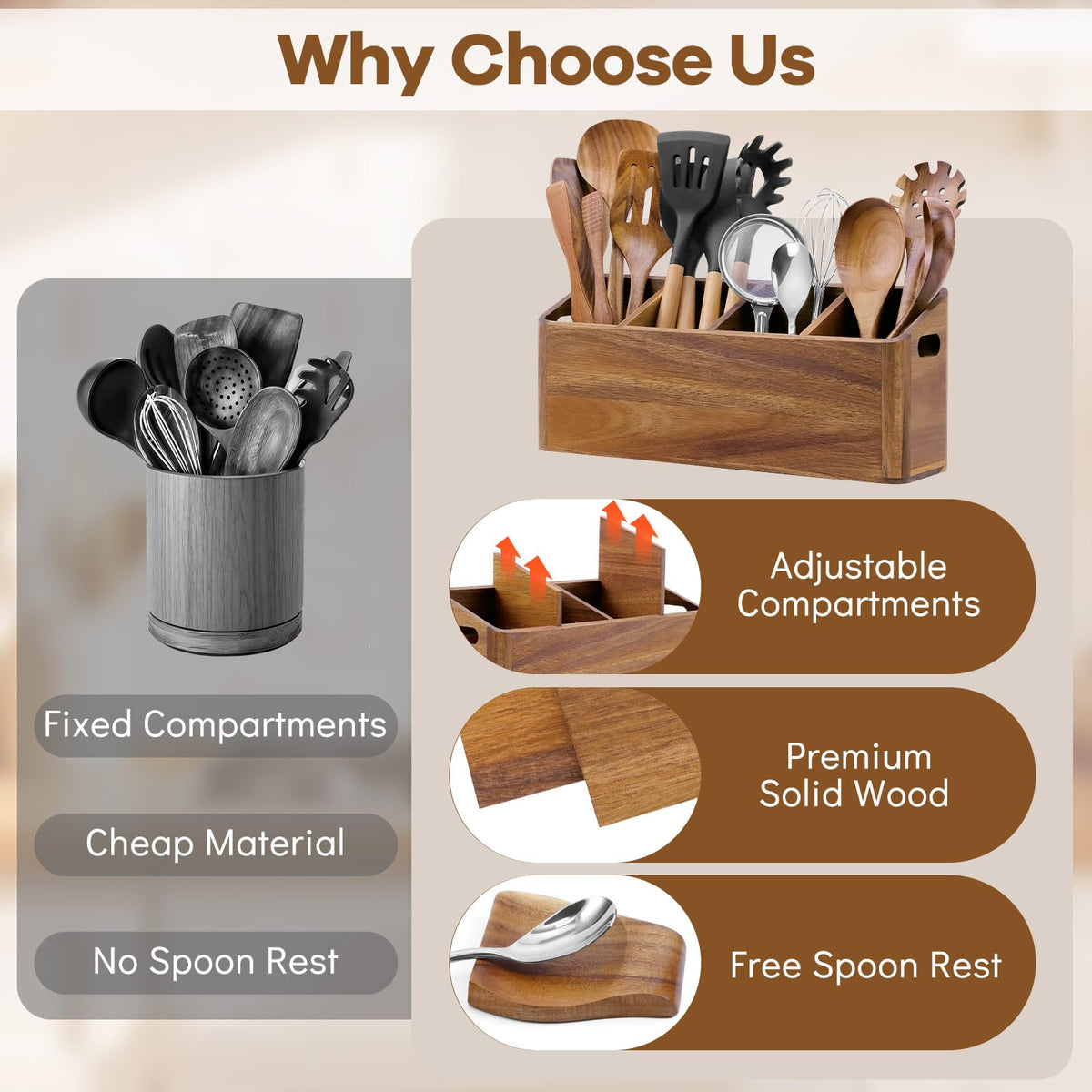 Wooden Kitchen Utensil Holder Countertop, Wooden Cooking Utensil Holder