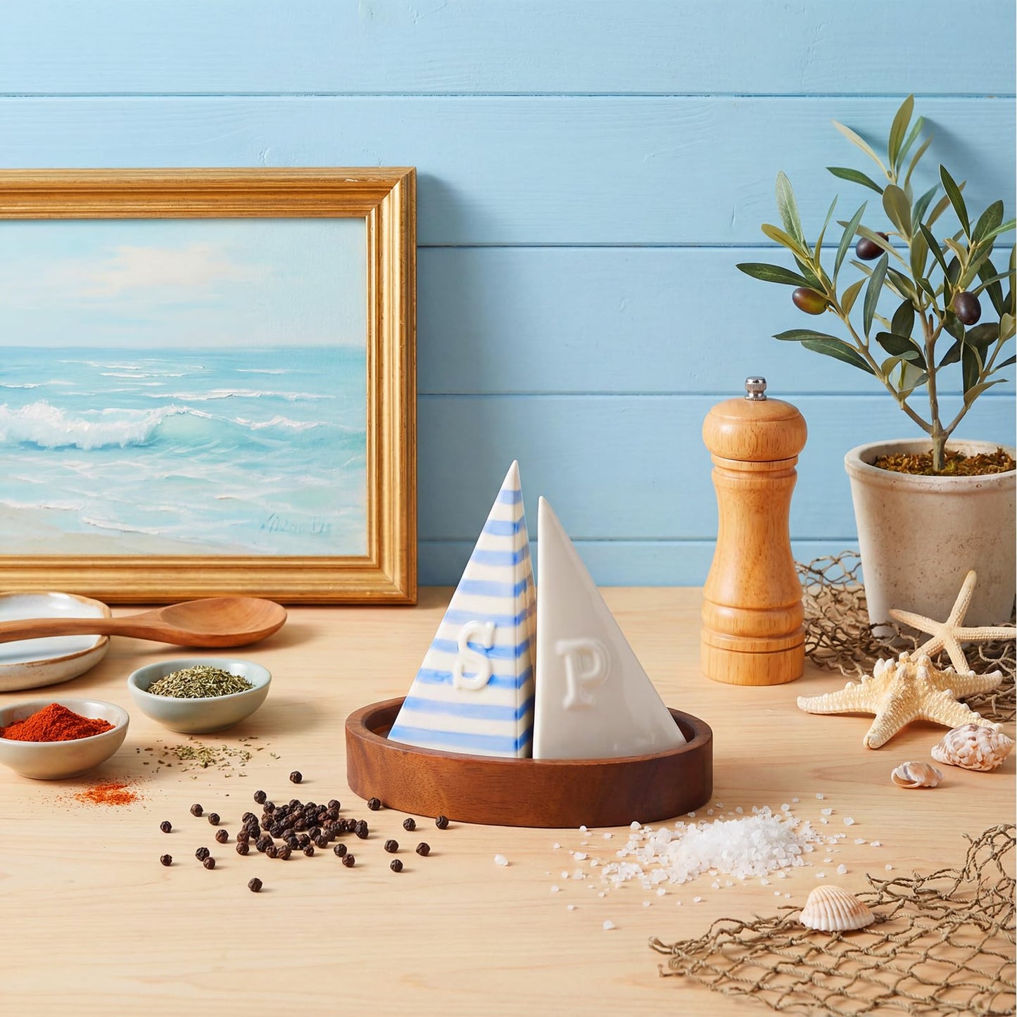 Qinyoung Ceramic Sailboat Salt and Pepper Shaker with Wooden Tray Blue White 5 Inch Kitchen Table Home Furnishings for Nautical Theme Party Summer Event