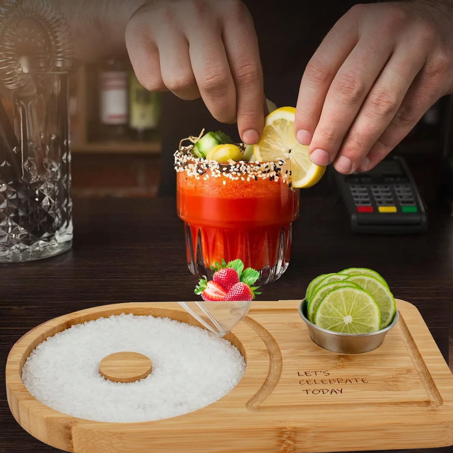 Margarita Salt Rimmer Set for up to 6" Rims - Bamboo 'Let's Celebrate Today' Wood Margarita Rimmer Set w/Bowl & Room for Margarita Accessories- Margarita Sugar Rimmer for Cocktails