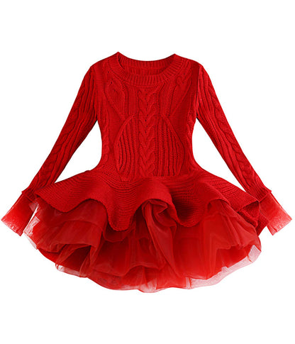Sweater Dresses Little Girls 6-7 Years Knee Party Christmas Knit Pullover Outfits Tutu Playwear Winter Frocks for Special Occasions Tops Ruffle Jumper Long Sleeve Pullover (Red, 140)