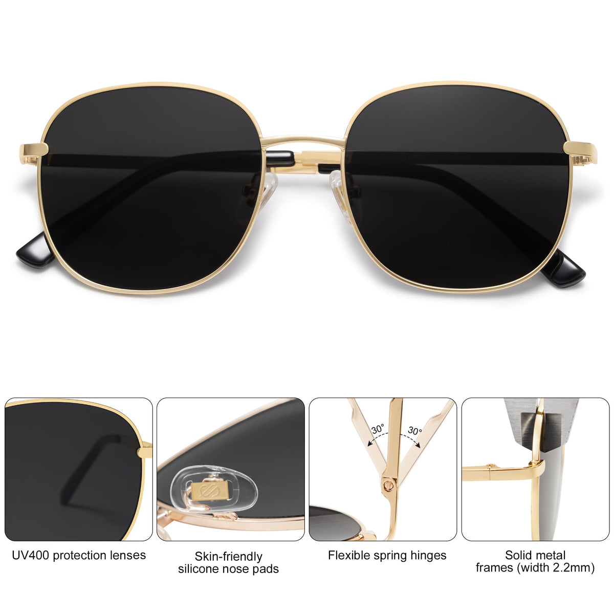 SOJOS Classic Trendy Square Sunglasses for Women Men Cute Big Frame Gold Shades SJ1137, Bright Gold/Grey
