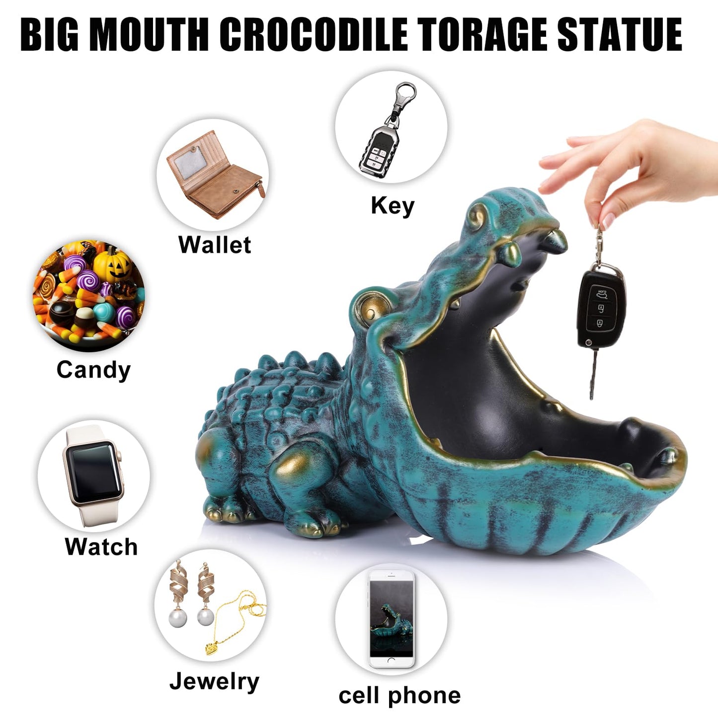 oliruim Alligator Statue Key Bowl, Fun Animal Statue Candy Dish for Entryway Decorative Bowl, Office Candy Dish, Big Mouth Sculpture Home Living Room Trinket Container Storage Box (Green)