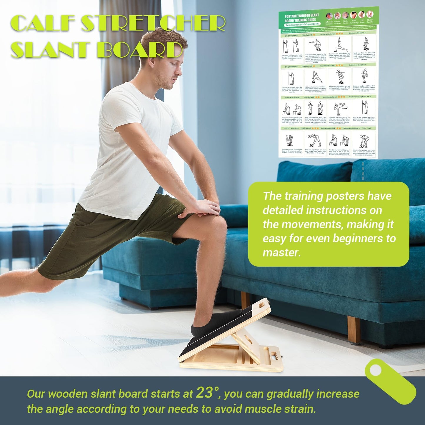 Slant Board for Calf Stretching, Adjustable Portable Wooden Incline Board for Calf Stretcher with Training Poster, 300 Lbs Weight Capacity Physical Therapy Equipment for Leg, Knees, Heel, Ankle