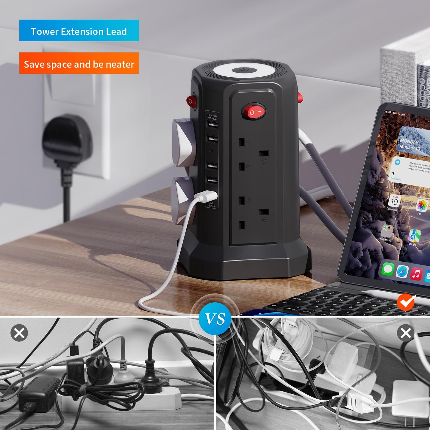Tower Extension Lead with USB Slots and Night Light, (13A 3250W)5 USB Ports & 8 Way Socket Extension Tower, Surge Protected Extension Lead with 4 Switches, 1.8M Extension Cable for Home, Office