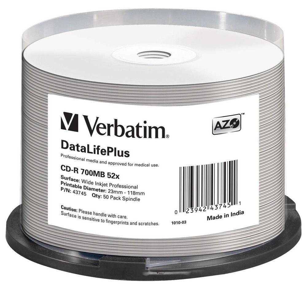 Verbatim 43745 52x CD-R DataLifePlus Inkjet Professional - 50pk Spindle