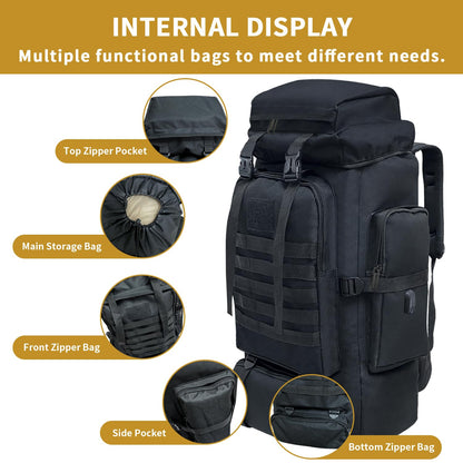 Vaupan Hiking Backpack, 80L Camping Military Tactical Backpack with USB Charging Port, Waterproof Large Travel Daypack Outdoor Molle Rucksack for Men Women (Black)