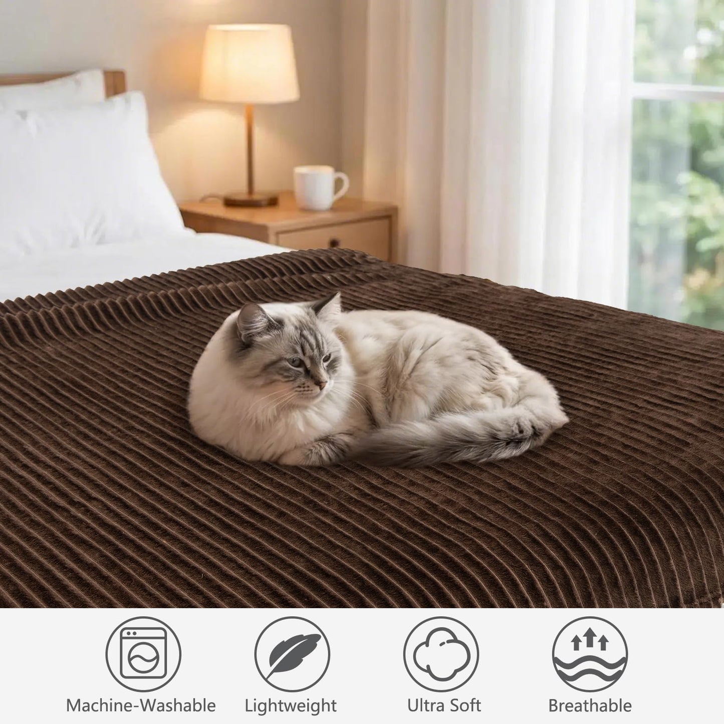 Vessia Flannel Fleece Throw Blanket, 300GSM Cozy Brown Stripe Throw for Couch, Sofa and Bed, Warm and Soft Chocolate Microfiber Ribbed Blanket for All Season