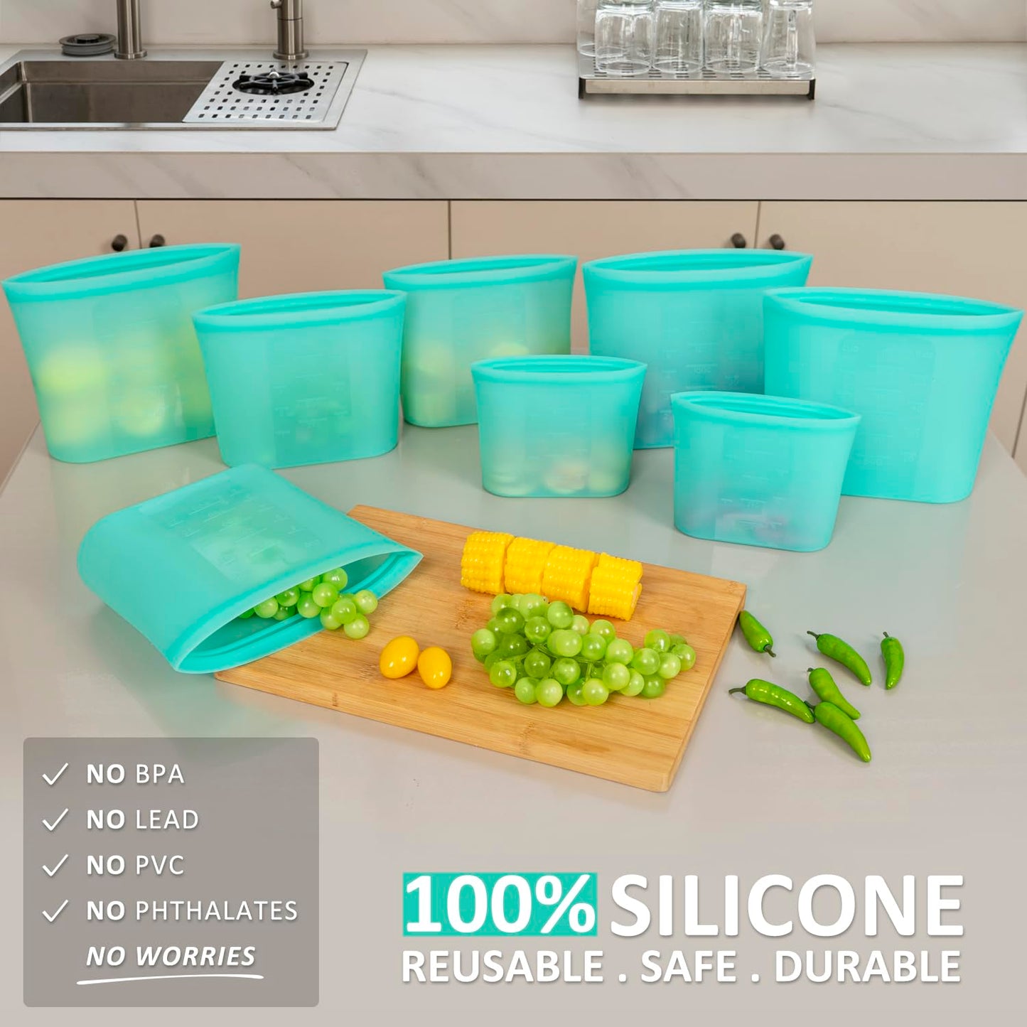Reusable Food Bags, 12 Pack 100% Silicone Food Storage Bags Stand Up Zip Lock Container, Freezer Microwave Oven Dishwasher Safe, 4 Medium 4 Small 4 Extra Small, Aqua