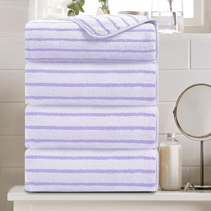 4 Pcs Light Purple Cabana Stripe Large Bath Towels 35"x70" Oversized Bath Sheet
