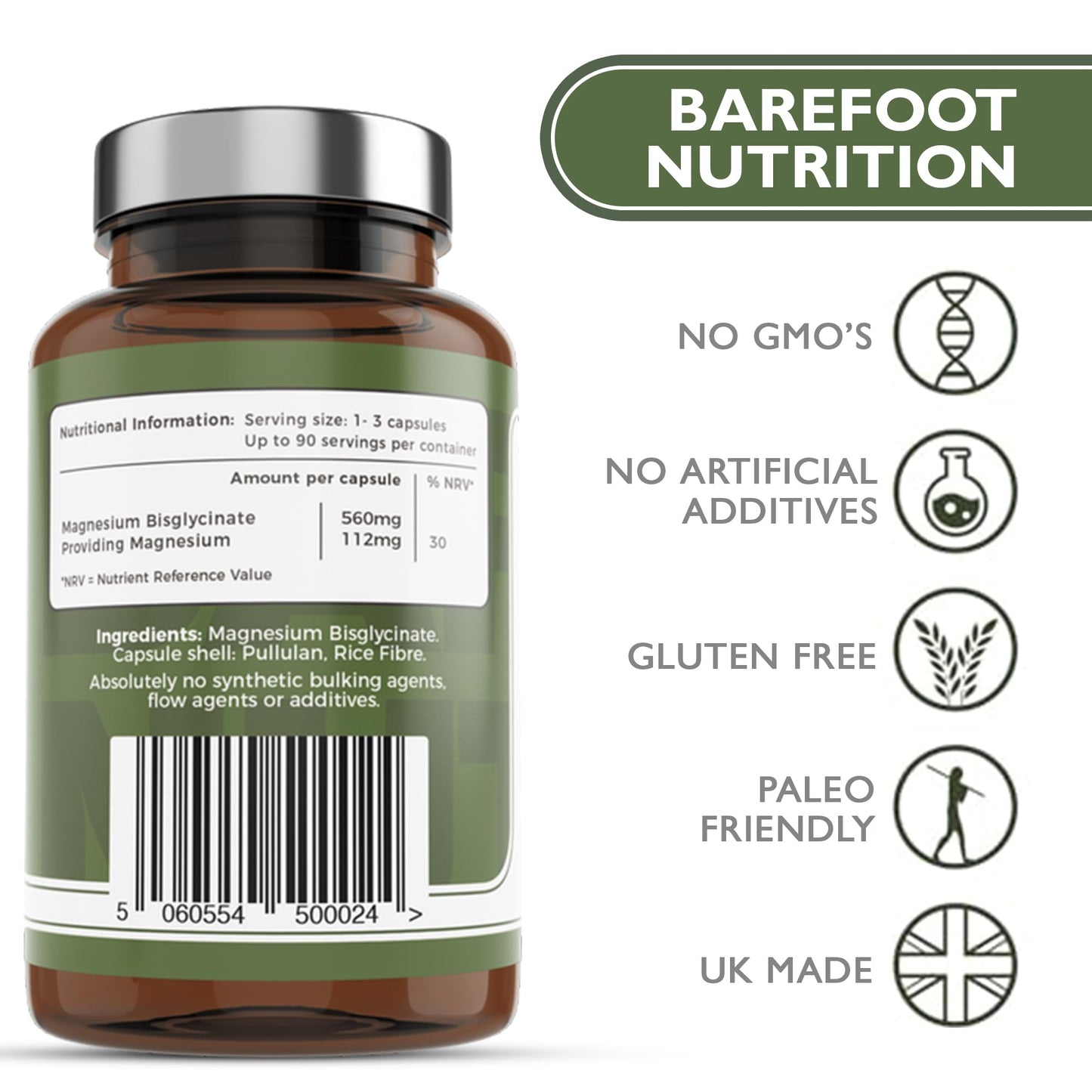 Barefoot Nutrition Magnesium Glycinate Supplement 560mg - 90 x 1-to-3 a Day Capsules. Pullulan Capsule - Superior Absorption: no Synthetic Binders or additives. Vegan & Paleo Friendly