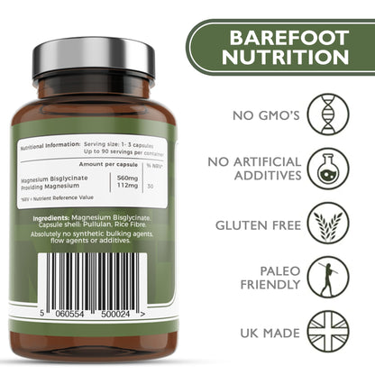 Barefoot Nutrition Magnesium Glycinate Supplement 560mg - 90 x 1-to-3 a Day Capsules. Pullulan Capsule - Superior Absorption: no Synthetic Binders or additives. Vegan & Paleo Friendly