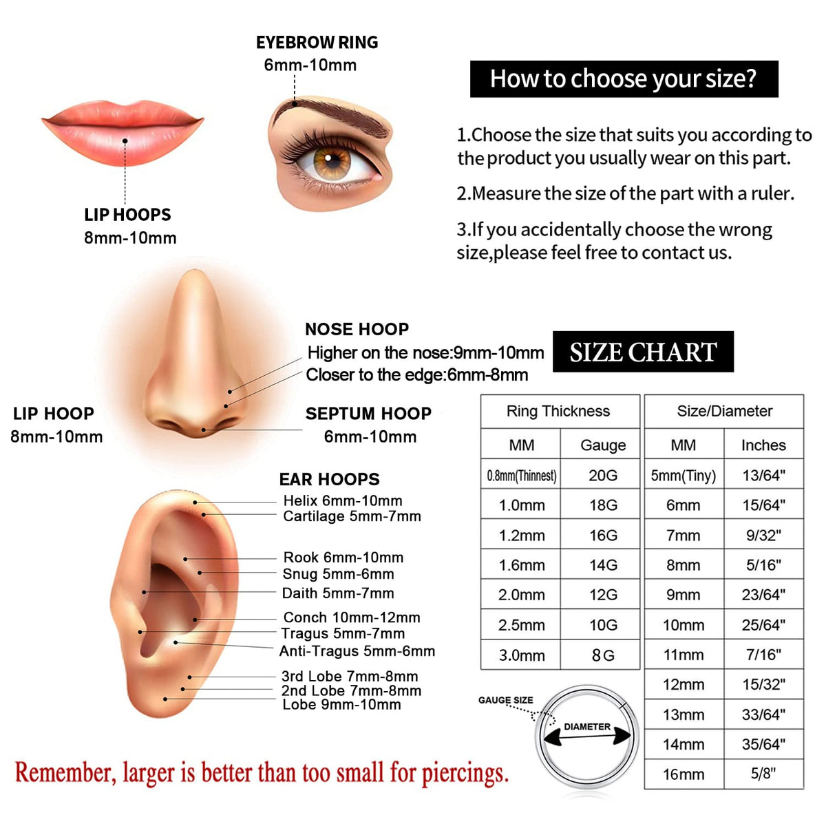 Rose Gold Septum Jewelry - 18 Gauge Seamless Septum Clicker & Nose Ring Hoop - 8mm, 18g Cartilage Earring & Lip Rings - Surgical Steel Helix Earrings - Nose Piercing Jewelry