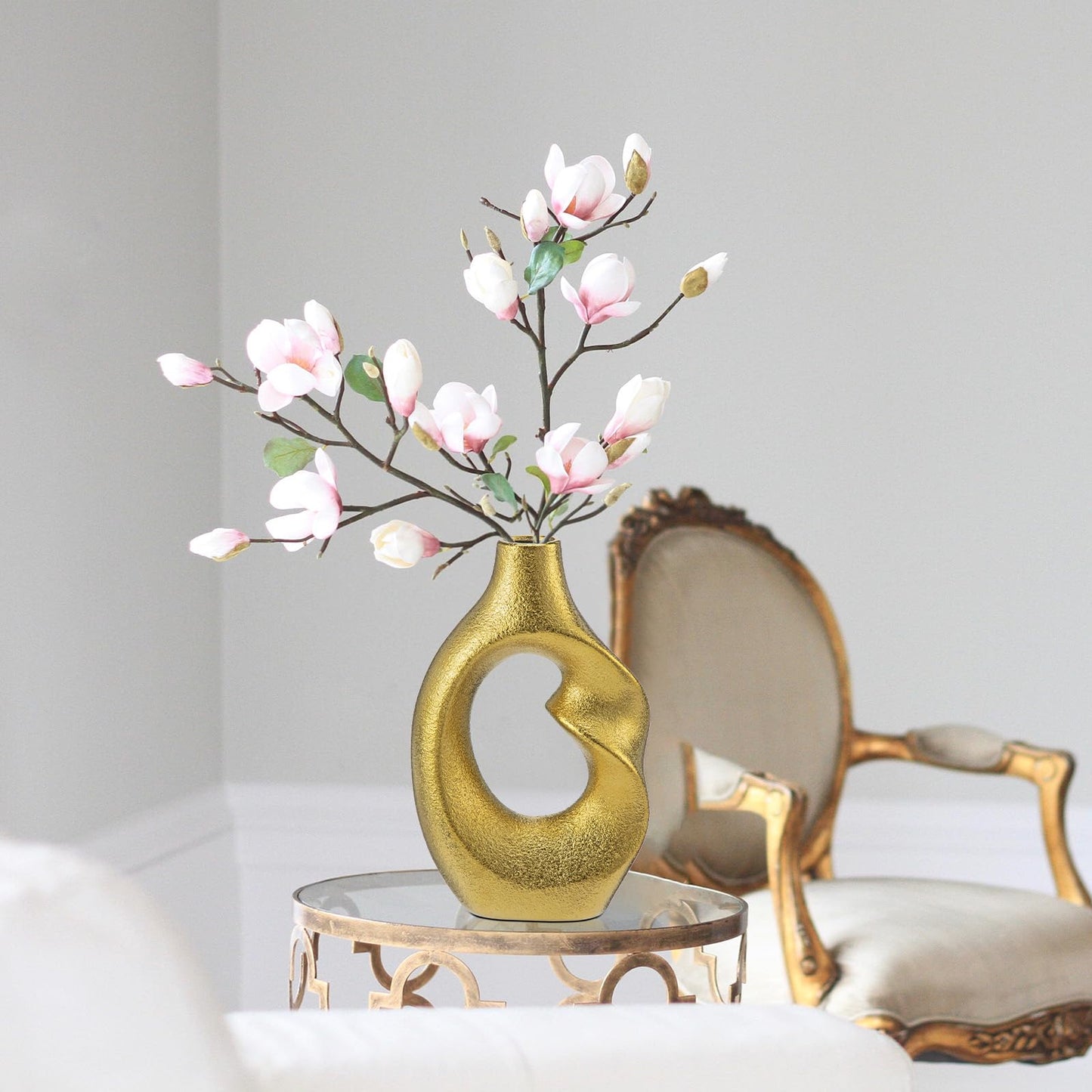 Gold Donut Vase Set of 2 - Modern Ceramic Vases for Centerpieces, Shelf, Entryway, Coffee Table & Living Room Decor