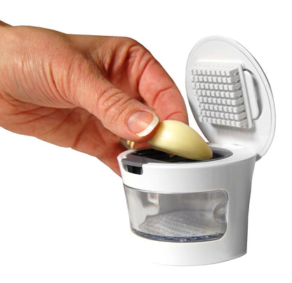 Garlic Perfection Press, Crusher, Mincer, and Storage Container - Easy to Clean - Stainless Steel Blades - White