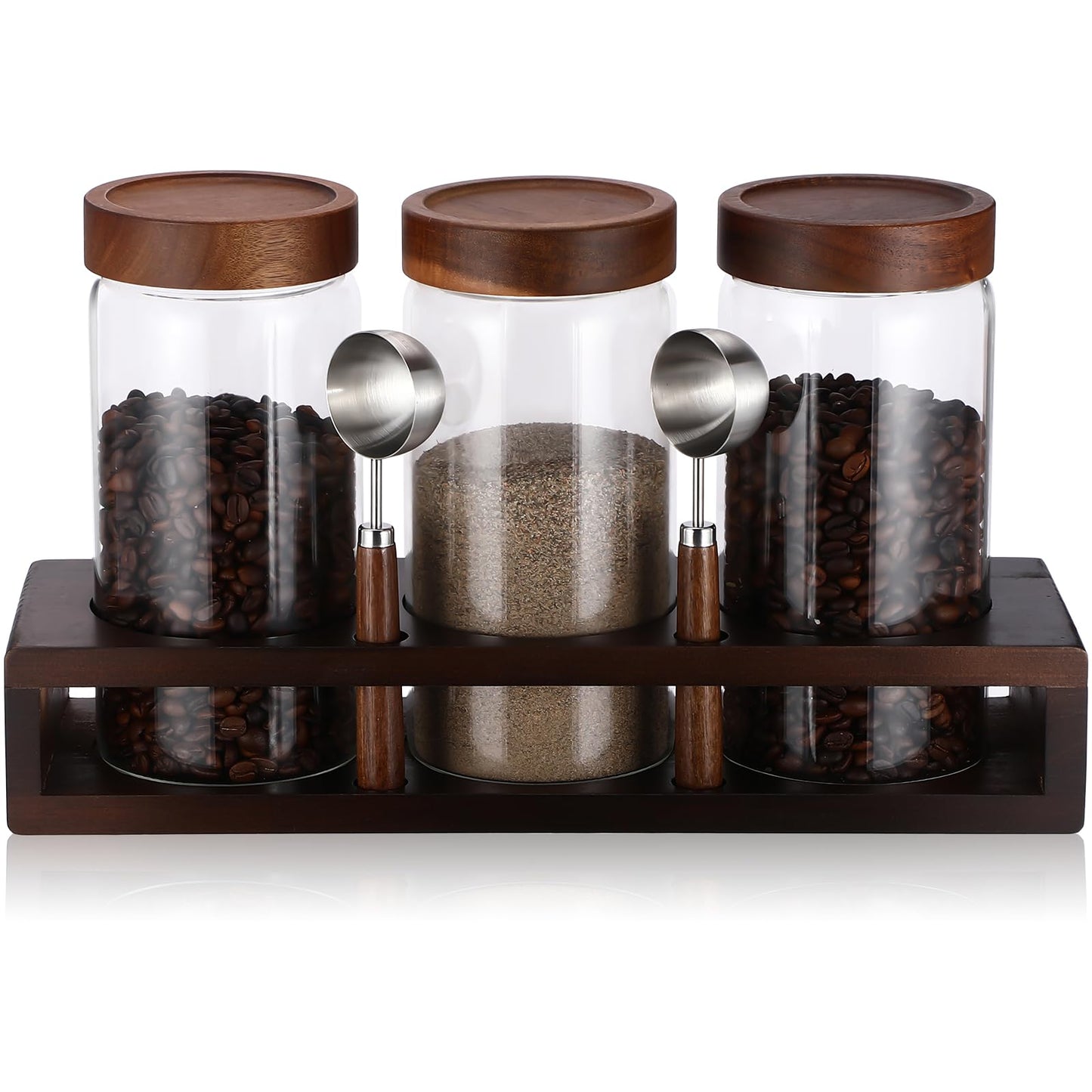 Suclain 3 Pcs Glass Coffee Bean Container 44 oz Airtight Coffee Canister with Shelf and Measuring Spoon Kitchen Food Canister Jar for Sugar Candy(Fashion Style)