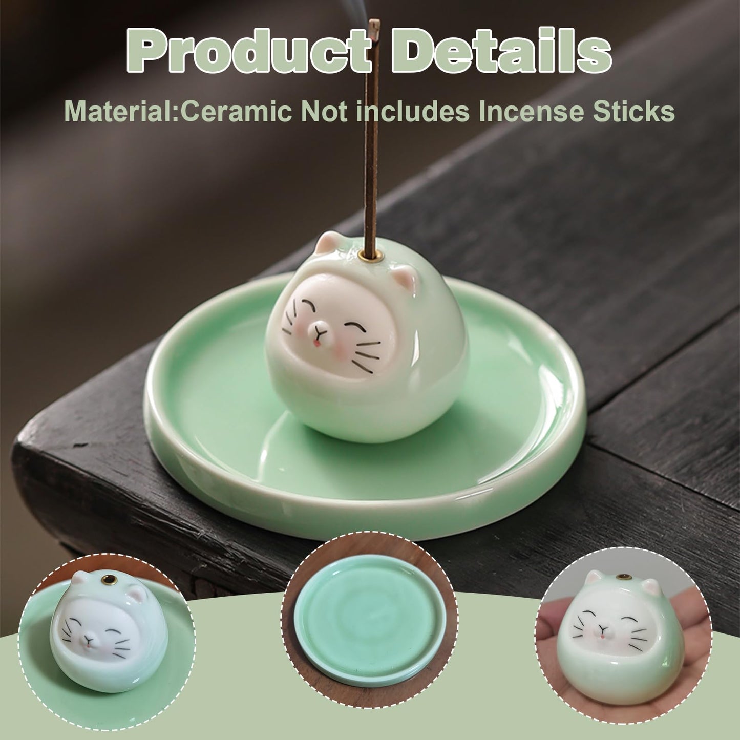 Ceramic Cat Incense Holder for Stick Incense, Cute Animal Incense Burner with Tray, Indoor Aromatherapy Decor for Home, Desk, Meditation & Relaxation