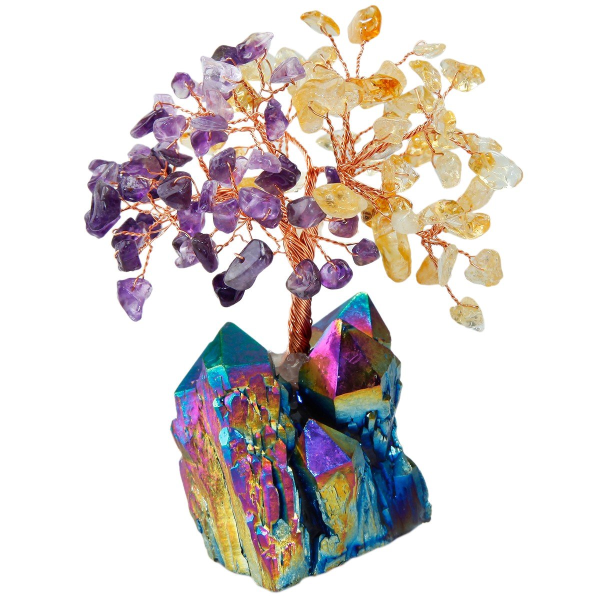 SUNYIK Natural Amethyst/Ctrine Money Tree, Rainbow Aura Titanium Crystal Cluster Base Bonsai Sculpture Figurine 4.5-5.7 Inches