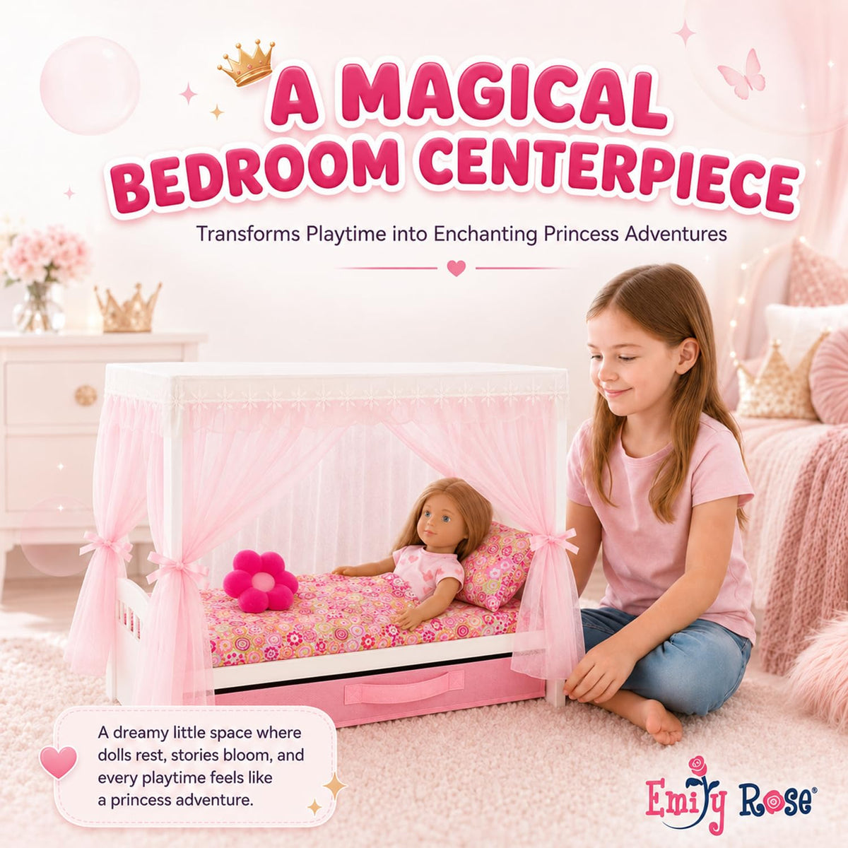 Emily Rose 18" Doll Princess Canopy Bed - White Wood with Pink Tulle Curtains, 5-PC Bedding Set & Storage Drawer - Fits American Girl Dolls - Royal Bedroom Furniture
