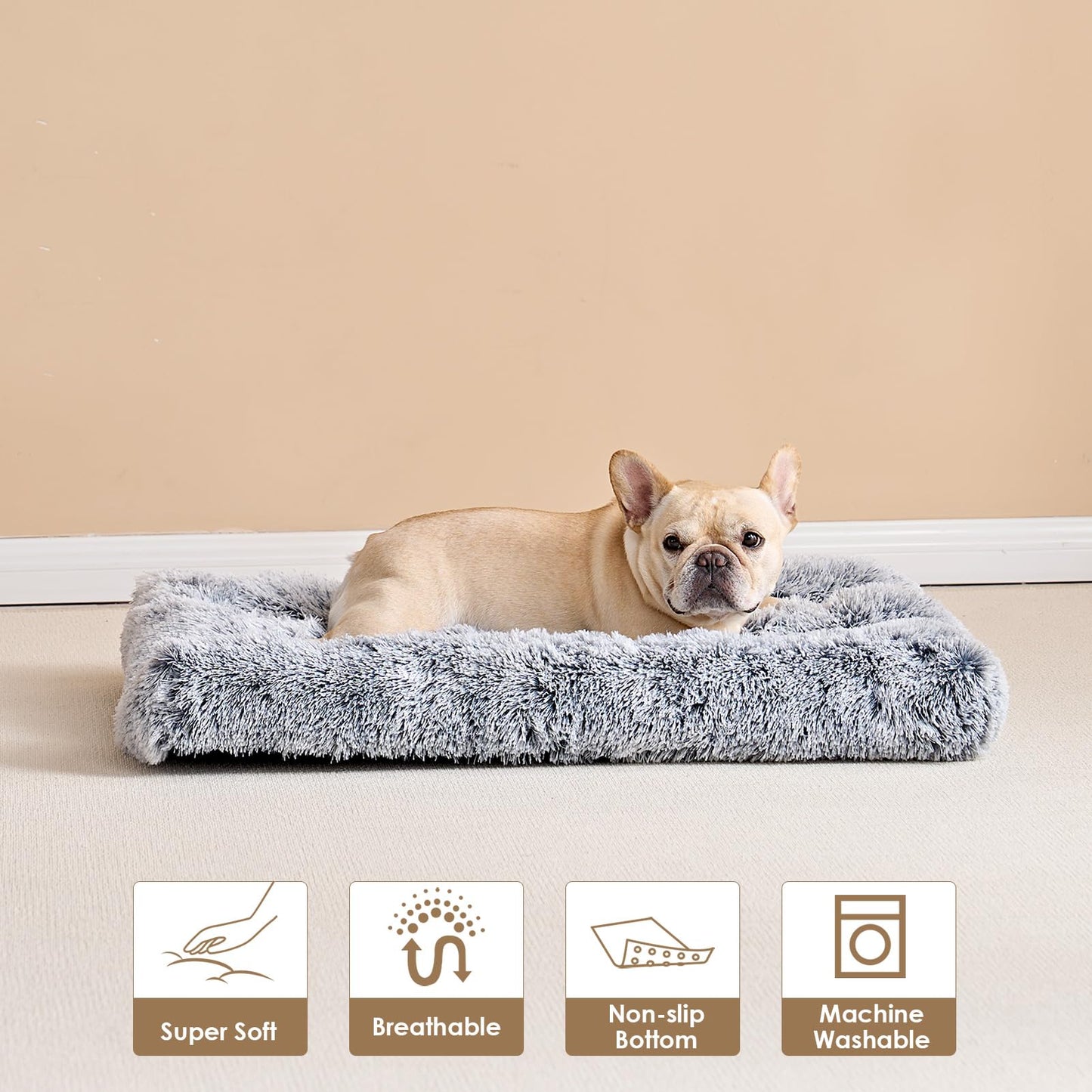 EHEYCIGA Calming Dog Bed Medium, Fluffy Anti Anxiety Washable Cushion Bed for Crate, Dog Mat Mattress with Anti-Slip Bottom, Grey, 75x50x7.5cm