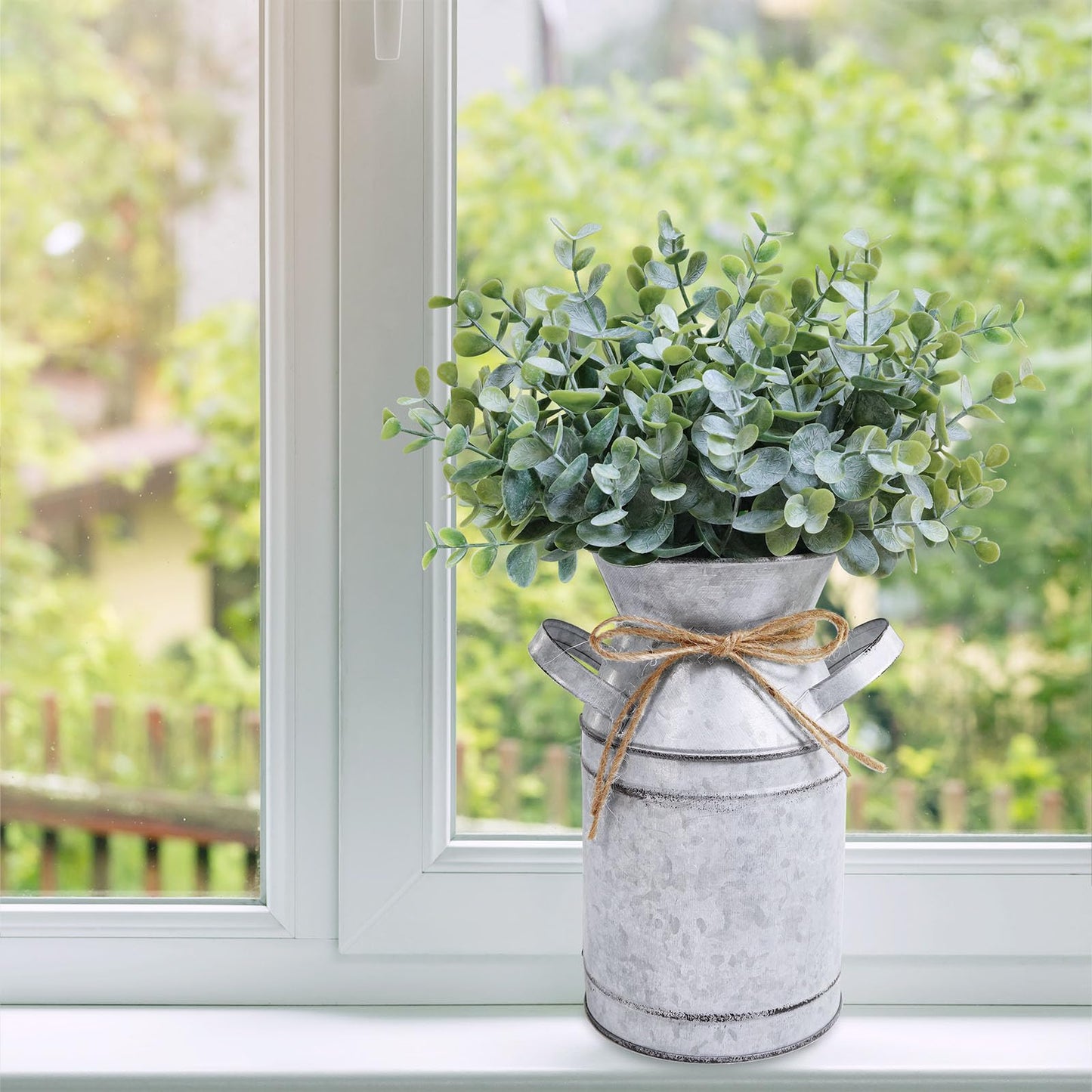 Winlyn Farmhouse Galvanized Metal Milk Can with Artificial Eucalyptus Greenery Arrangement Fake Plants Farmhouse Centerpieces 11.8" Tall for Rustic Country Wedding Home Table Tiered Tray Shelf Décor