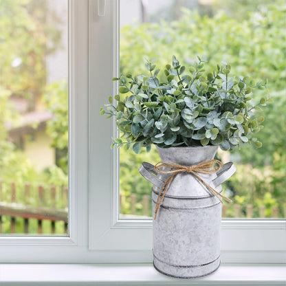 Winlyn Farmhouse Galvanized Metal Milk Can with Artificial Eucalyptus Greenery Arrangement Fake Plants Farmhouse Centerpieces 11.8" Tall for Rustic Country Wedding Home Table Tiered Tray Shelf Décor