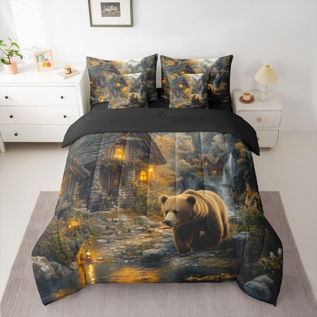 Erosebridal Cabin 7 Piece Bedding Set Queen Bear Comforter Set with Sheets Waterfall Snow Mountain River Woods Bed in a Bag Natural Theme Woodland Trees for Teens Men Women
