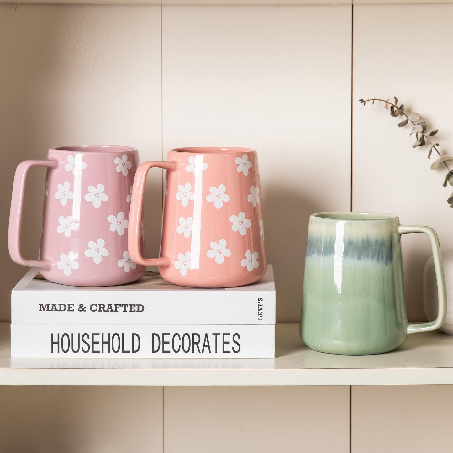 TaoTaojarvie Ceramic Coffee mugs, 24 oz, Extra Large Mugs, Big Tea Cups, Large Handle, Pottery Mugs,Floral Pattern,Wide Bottom Coffee Mug for Office/Home, Microwave&Dishwasher Safe. (Violet)