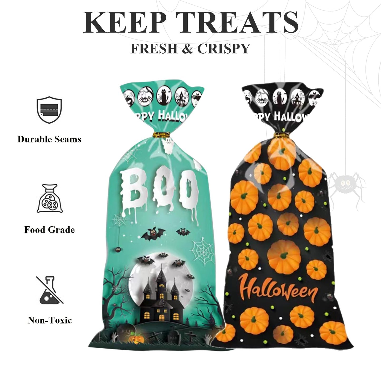 Halloween Treat Bags | 50 pcs (4.9” x 10.8” Inch) | Cellophane Candy Bags with Fun Scary Designs | Pumpkins, Witches Cello Bags | Halloween Party Decorations, Spooky Treat Bags