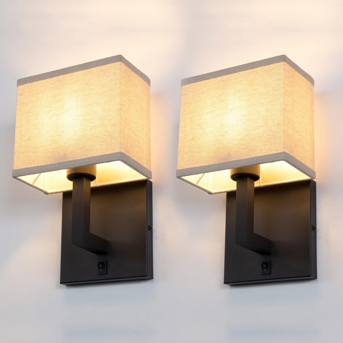 Yosoan Set of 2 Linen Boho Fabric Wall Sconce with On Off Switch, Vanity Retro Hardwired Indoor Vintage Industrial Wall Mount Lamp Fixture Lighting for Bedside Living Room Stairwell Hallway(Black)