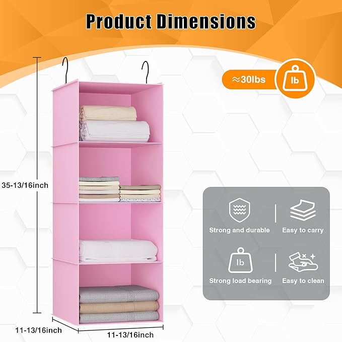 Hanging Closet Organizer, Easy Mount Foldable 4-Shelf Hanging Closet Wardrobe