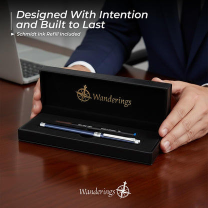 WANDERINGS Premium Rollerball Pen with German Ink – Perfectly Balanced for a Superb Writing Experience, Chrome Accents – Blue Breeze - Includes a Schmidt Refill in a Giftable Presentation Case