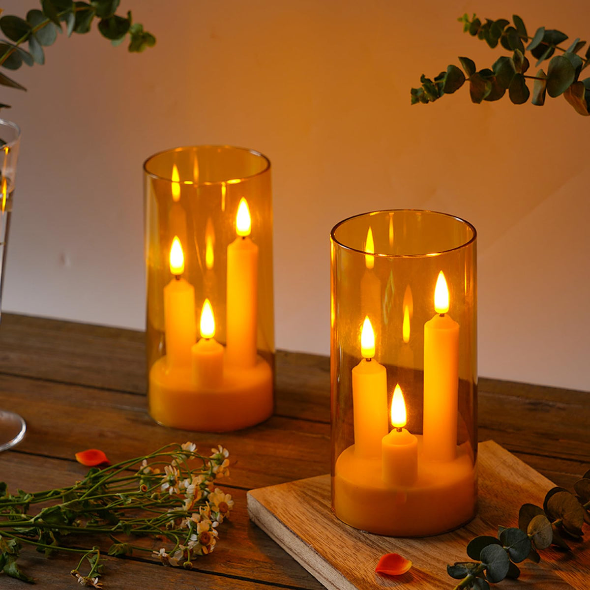 2 Pack 3D Wick Flameless Taper Candles, Champagne Transparent Acrylic Cover, Remote Control Flickering LED Candles, Battery Operated Electric Candles for Wedding Party Christmas Home Table Decor.